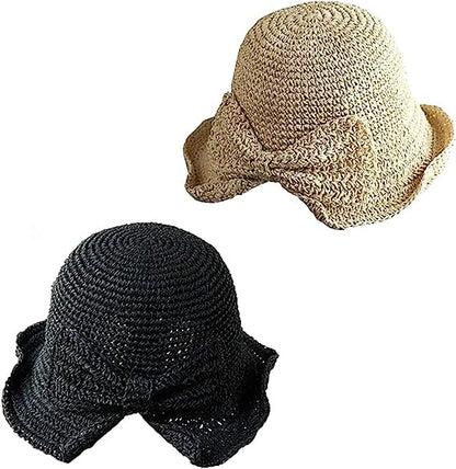 Straw Sun Hat Summer Beach Hat for Women Travel Foldable Wide Brim Floppy Hat with Big Bow