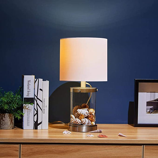 Fillable Table Lamp, Modern Desk Lamp with Clear Glass Fillable Base, 18" Nautical Coastal Sea Accent Lamp with Fabric Shade and Steel Base for Seashell Nightstand Living Room Office