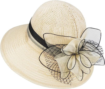 Women Elegant Organza Sun hat with Flower Church Hat Headgear Wedding Tea Party Wide Brim Sun Hats
